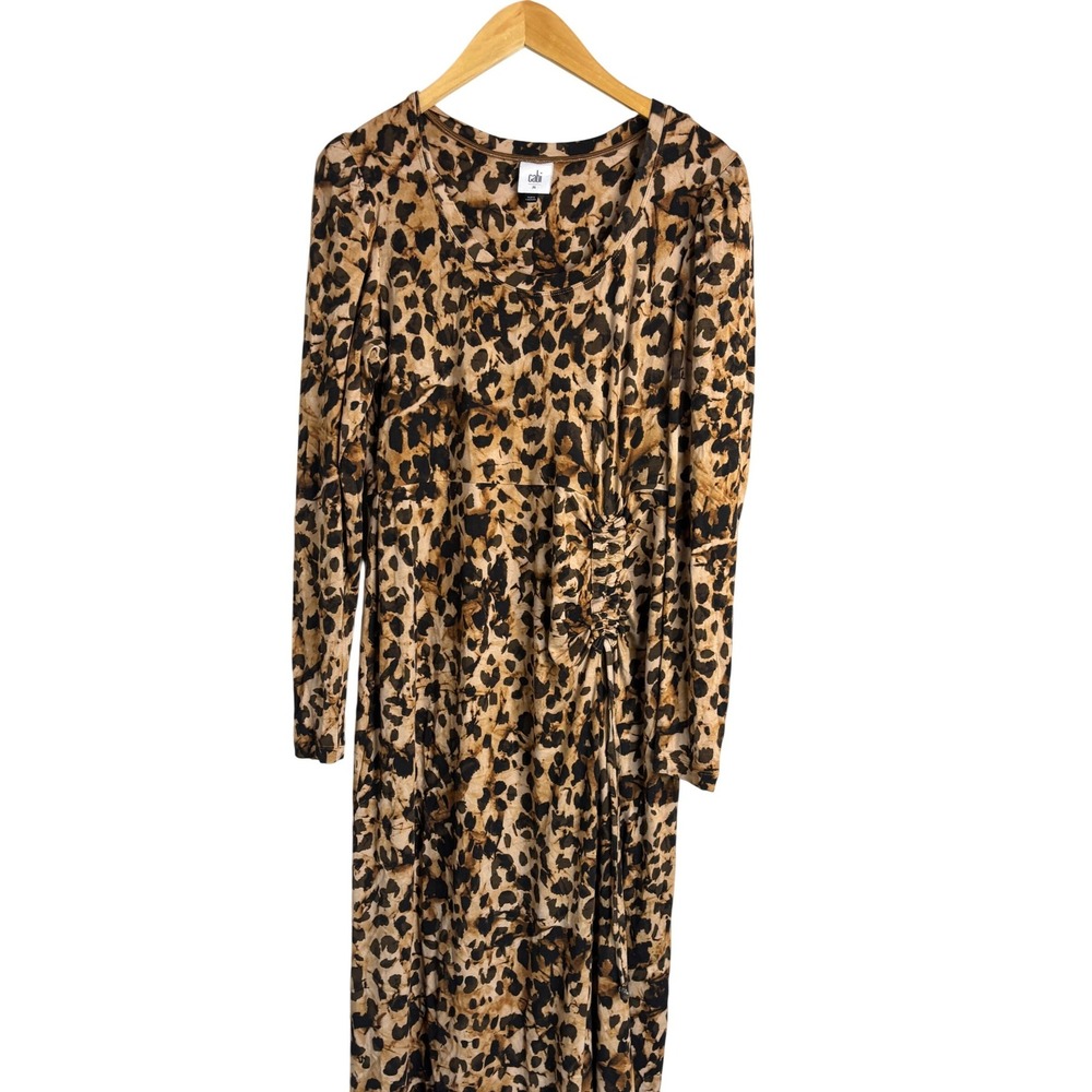 Cabi Leopard Print Midi Dress Womens Size M‎ Brown Long Sleeve Ruched 4216